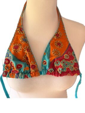Colorful Patchwork Embellished Triangle Bikini Top Beaded Halter Swim Boho
